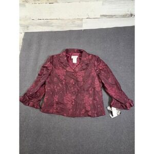 Miss Dorby Blazer Womens 8P Burgundy Floral Jacquard Ruffle Sleeve NWT